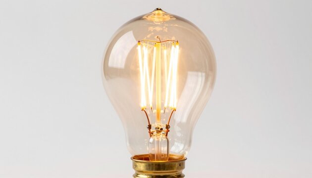 Close-up of a glowing vintage filament light bulb with clear glass and brass screw base emitting a warm ambient glow