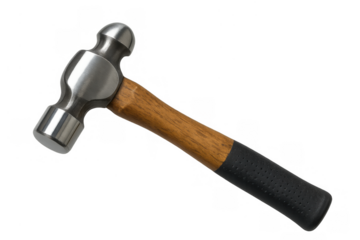 Ball-peen hammer featuring a polished metal head, a sturdy wooden handle, and a comfortable black rubber grip. Transparent background