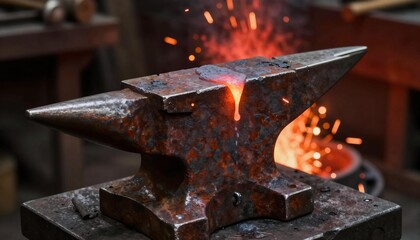 Rusty anvil with glowing hot metal and flying sparks in a blacksmith forge