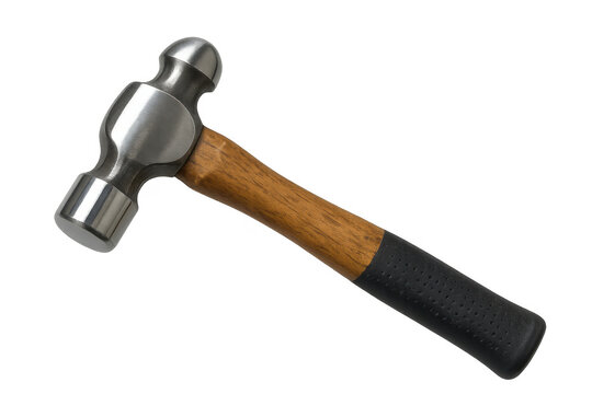 Ball-peen hammer featuring a polished metal head, a sturdy wooden handle, and a comfortable black rubber grip. Transparent background