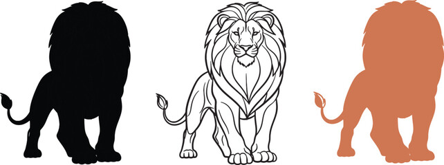 Lion Silhouette Line Art and Color Vector Set Wildlife Animal Illustration
