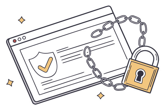 Secure Website with Lock and Chain: Illustrates the protection of a website's security, symbolizing safety and confidentiality, with a lock, chain and shield with check mark.