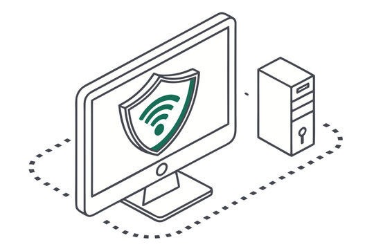 Secure Digital Sanctuary: A visual representation of digital safety, with a monitor displaying a protective shield encompassing a Wi-Fi symbol, and a desktop computer, representing a secure network. - Powered by Adobe