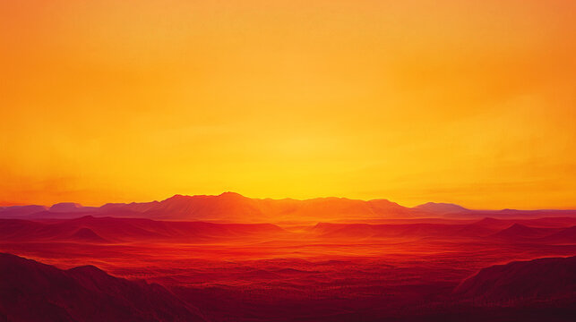 Vibrant red desert landscape at sunset with layered hills and glowing golden sky, cinematic panoramic scenery with warm colors and vast horizon