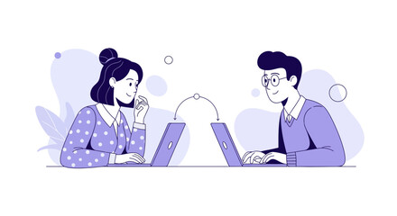 Two colleagues collaborating on laptops in modern workspace