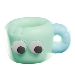 A whimsical 3D rendering of a light green cup with googly eyes and a blue handle, isolated on a white background.