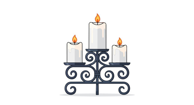 Ornate triple candelabra illustration featuring elegant dark metalwork and three brightly illuminated white wax candles casting a serene, warm glow