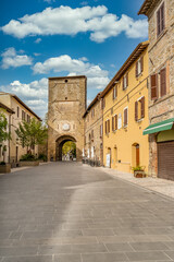 Porta Cannara, Cannara gate medieval entrance to Bevagna Italy with cloudy sky
