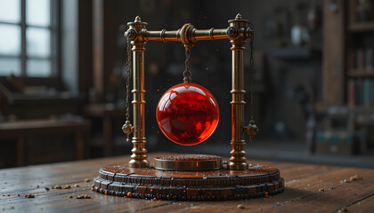 Newton’s cradle concept with a striking blue and gold moving ball symbolizing startup momentum, business innovation, cause and effect, leadership impact and success, set against a clean modern backgro