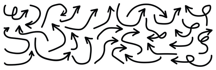 Hand drawn vector arrow. Curve and Spiral comic symbols in sketch style. Arrow set. arrow big black vector set. Squiggly arrows doodle set.