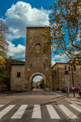 Porta Cannara, Cannara gate medieval entrance to Bevagna Italy with cloudy sky
