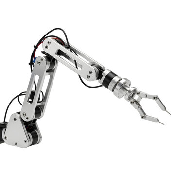 Modern robotic arm with metal claw extended against white background