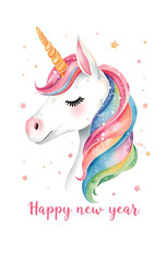 虹色のたてがみを持つ幻想的なユニコーンの年賀状イラスト｜午年・新年を祝うやさしい水彩タッチのファンタジーアート