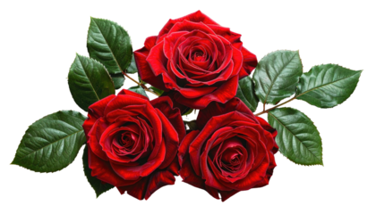 Close-up of three vibrant red roses with green leaves