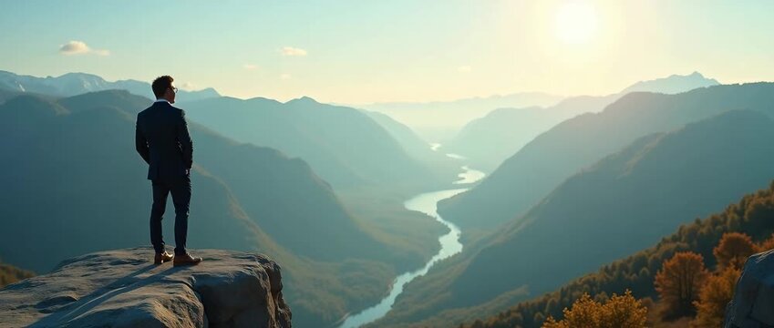 Businessman gazes over vast mountain landscape, river winding below; camera gently pans, capturing serene, cinematic sunrise with subtle light shifts, ideal for travel inspiration.