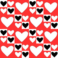 Geometric seamless pattern with red black and white hearts, Valentine day illustration.