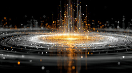 Abstract Technology Background, Central Light Source with Radiating Metallic Lines and Glowing Blue Green Orange Dots