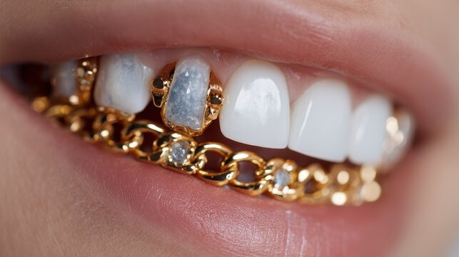 Close-up of a smiling mouth with embellished teeth, showcasing gold grills and natural teeth
