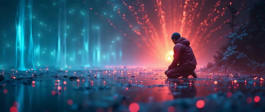 A lone figure kneels in a mystical forest as glowing orbs float gently around, with a slow, cinematic pan capturing the ethereal scene and soft, ambient light flickering in the background.