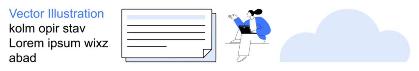 Remote work, cloud computing, digital data management, information sharing, online collaboration, productivity tools. Graphic shows a document and a woman on a laptop near a cloud. Remote work © robu_s