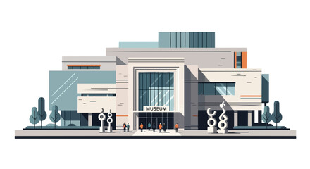 A sophisticated illustration of a modern museum, featuring contemporary architecture and abstract outdoor sculptures, inviting cultural exploration