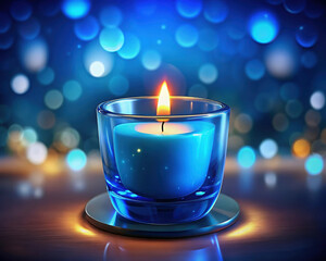 Burning Blue Candle in Glass Holder on Wood Against Bokeh Background Symbolizing Hope and Reflection