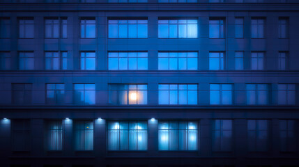 Obraz premium Modern office building exterior at night with blue tinted windows and one warm light glowing inside, creating calm and quiet urban atmosphere