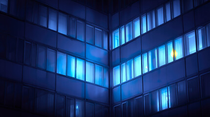 Office building windows illuminated with blue light at night, featuring single warm yellow lamp glowing inside, creating calm and mysterious atmosphere