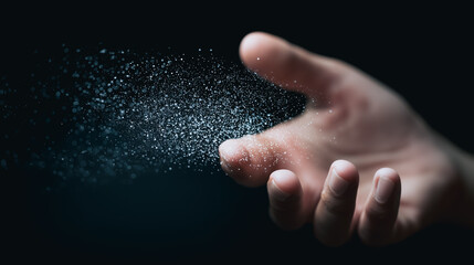 A mystical image presents an open hand releasing a cascade of shimmering particles, possibly representing a fleeting moment, illusion, dream.
