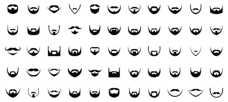 Black silhouette icons of diverse beard and mustache styles. Collection of beard and mustache icons