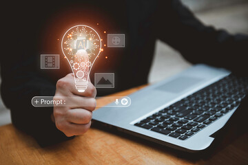 Businessman holding a glowing AI light bulb with digital prompt interface, generative AI ,symbolizing artificial intelligence innovation, prompt engineering,and creative technology solutions.