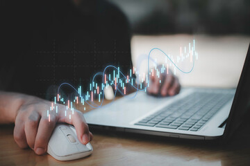 Businessman analyzing stock market data with digital candlestick chart, investment and opportunity concept, trading strategy, financial growth, business and enterprise analysis.