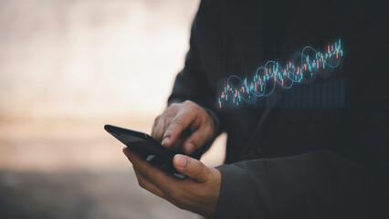 Businessman analyzing stock market data with digital candlestick chart, investment and opportunity concept, trading strategy, financial growth, business and enterprise analysis.