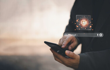 Close-up of businessman using laptop with floating AI command prompt and icons, representing artificial intelligence, prompt engineering, generative technology for digital transformation.