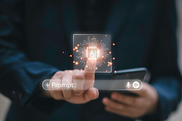 Close-up of businessman using laptop with floating AI command prompt and icons, representing artificial intelligence, prompt engineering, generative technology for digital transformation.