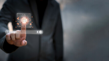 Close-up of businessman using laptop with floating AI command prompt and icons, representing artificial intelligence, prompt engineering, generative technology for digital transformation.