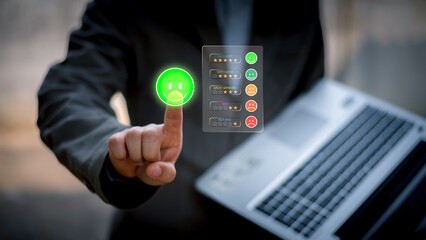 Businessman using smartphone to give five-star rating and positive feedback through virtual interface. Concept of customer satisfaction, user experience, review system, and digital feedback.