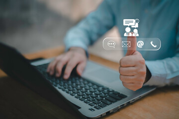 Businessman using Smart Phone with the email, call phone, address, Chat message icons.Customer support hotline Contact us people connection.