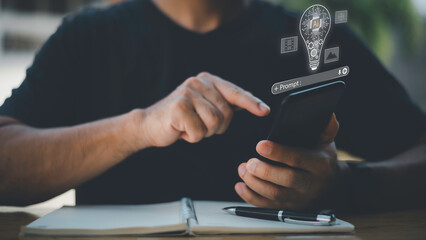Businessman holding a glowing AI light bulb with digital prompt interface, generative AI ,symbolizing artificial intelligence innovation, prompt engineering,and creative technology solutions.
