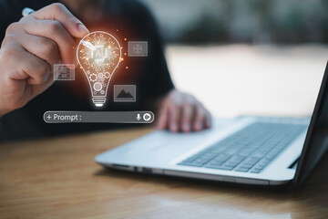 Businessman holding a glowing AI light bulb with digital prompt interface, generative AI ,symbolizing artificial intelligence innovation, prompt engineering,and creative technology solutions.