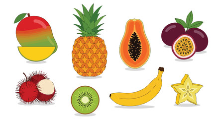 A vibrant collection of exotic tropical fruits digitally illustrated with a fresh, crisp, and clean aesthetic against a pristine white background to