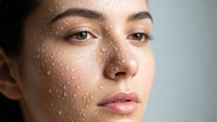 A close-up of a woman's face covered in water droplets against a blurred background