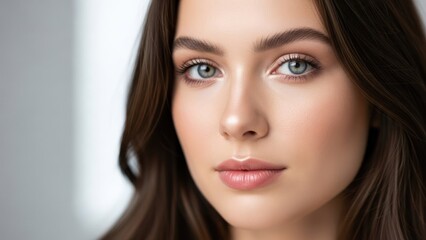 A close-up of a young woman with fair skin, brown hair, and blue eyes