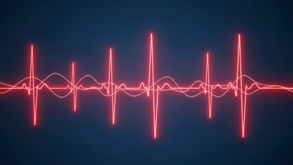 A glowing red waveform of spikes and curves against a dark blue background