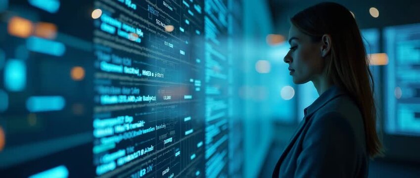 Professional woman analyzing digital data on futuristic screens, camera gently tracks sideways as ambient lights flicker, creating a cinematic and tech-focused atmosphere.