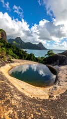 Coastal view with a rock pool reflecting a cloudy sky, overlooking ocean, islands, and green vegetation