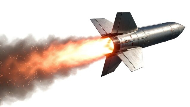 A metallic rocket blasts off, flames and smoke trailing against a clean white background