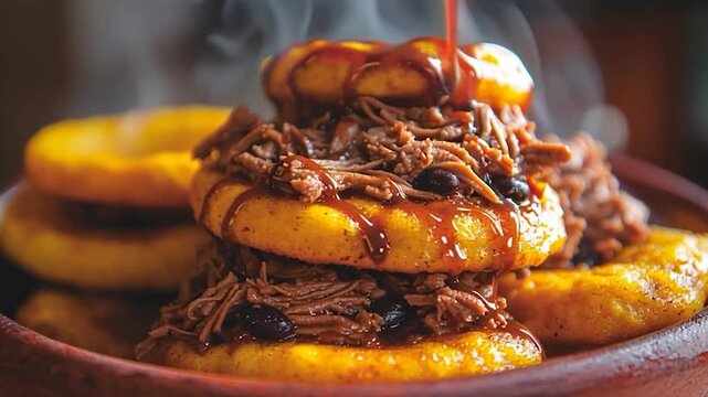 Delicious Shredded Beef Arepas Stacked High with Steaming Sauce Drizzle.