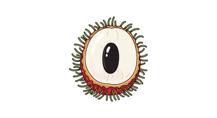Fototapeta premium Vibrant cartoon illustration of a halved rambutan fruit showcasing its luscious white flesh and bold black seed, a delightful tropical treat