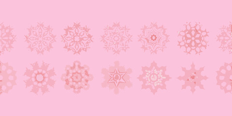 Delicate pink watercolor snowflakes form a repeating pattern on a light background